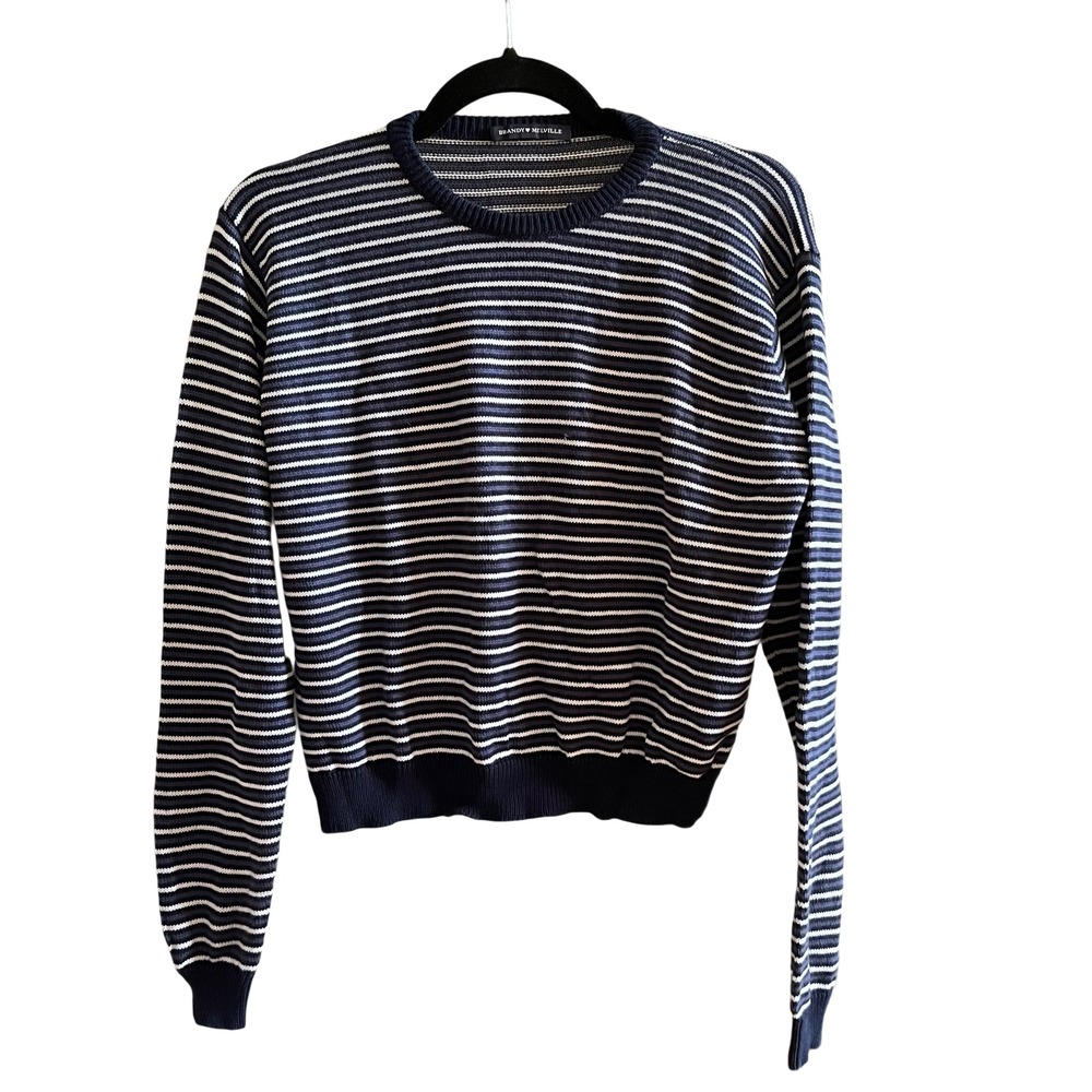 Brandy Melville Sweater Womens OS Navy Blue Excellent Striped Cotton Cropped